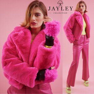 💋UBER GORGE💋JAYLEY Luxurious Faux Rabbit Rex Fur Chunky Coat in Hot Pink